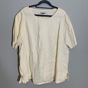 FLAX 100% Linen Generous 2G Cream Short Sleeve Top Blouse Shirt